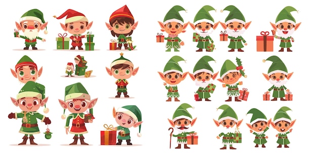 Funny xmas inverno bebê anão pequena fantasia personagens ajudantes criatura com presente ano novo vetor conjunto de símbolos isolados