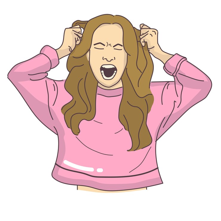 Vetor furioso, louco, frustrado, grito, mulher, menina, vetor, cabelo agarrado.