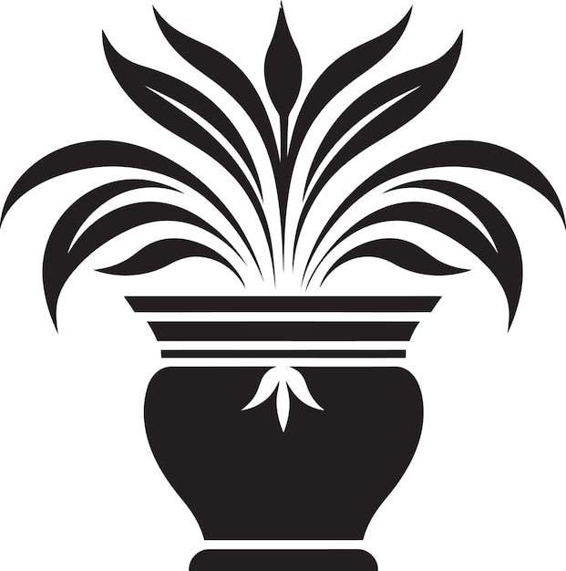 Vetor fusão floral logotipo preto elegante com vaso de planta decorativa em vaso panache emblema monocromático alto