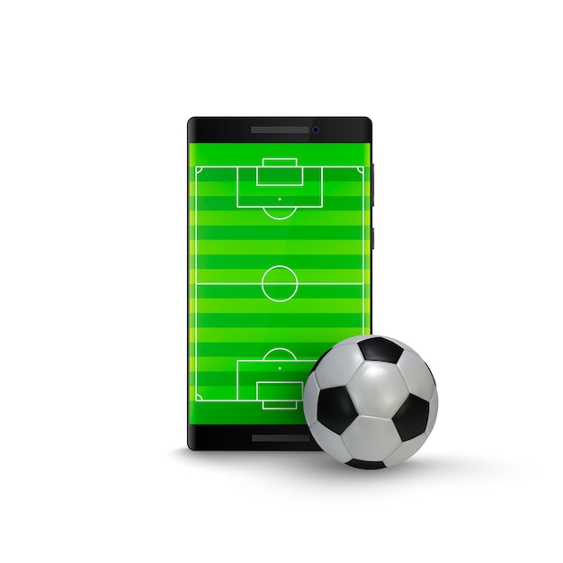 Futebol online. telefone móvel com bola de futebol de futebol e campo na  tela.