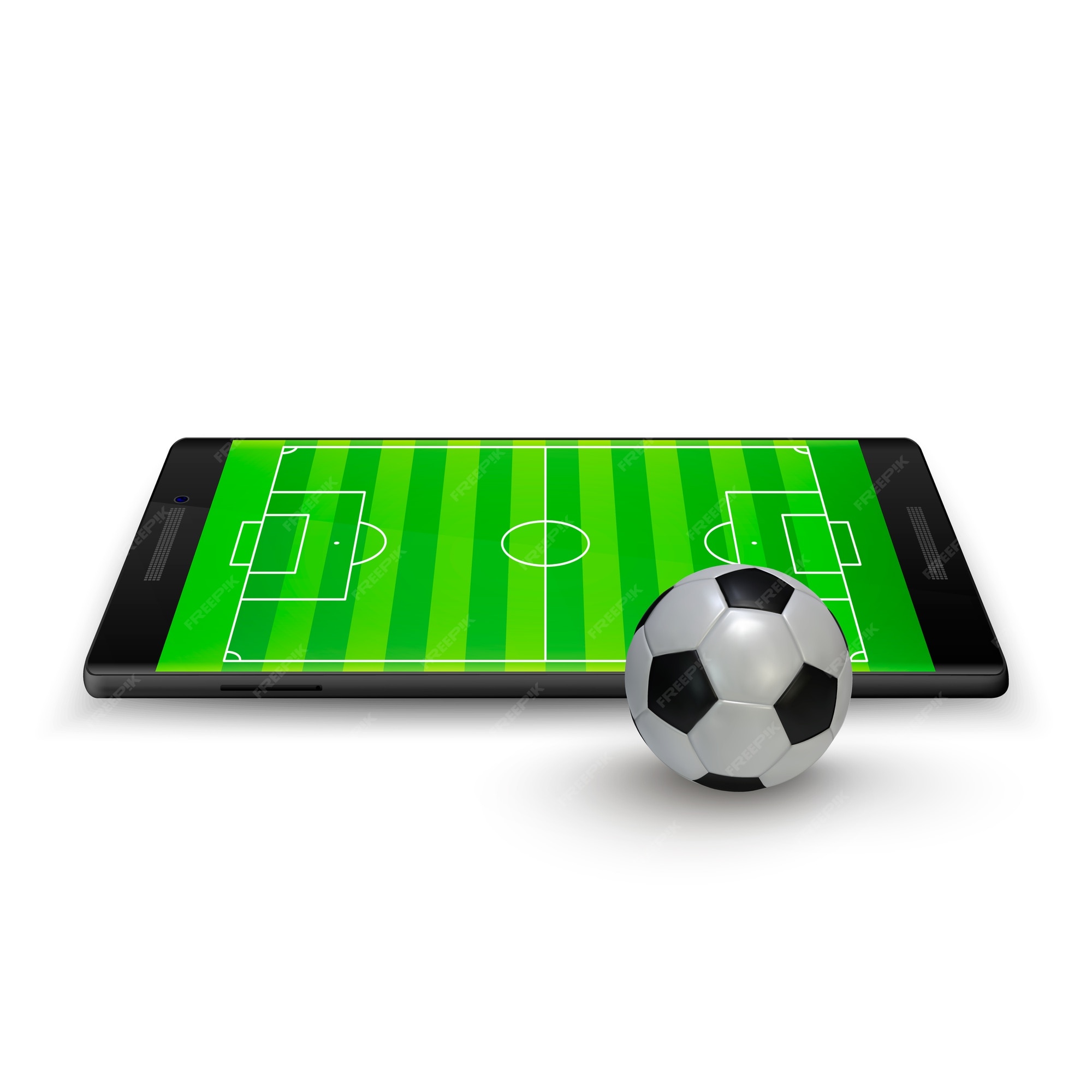 Futebol online. telefone móvel com bola de futebol de futebol e campo na  tela.