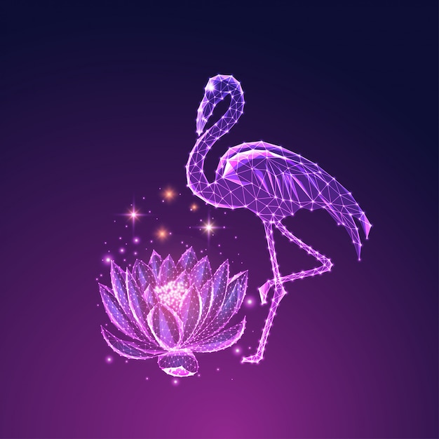 Futurista brilhante baixo poligonal lindo pé flamingo e flor de lótus isolada em azul escuro para fundo roxo.