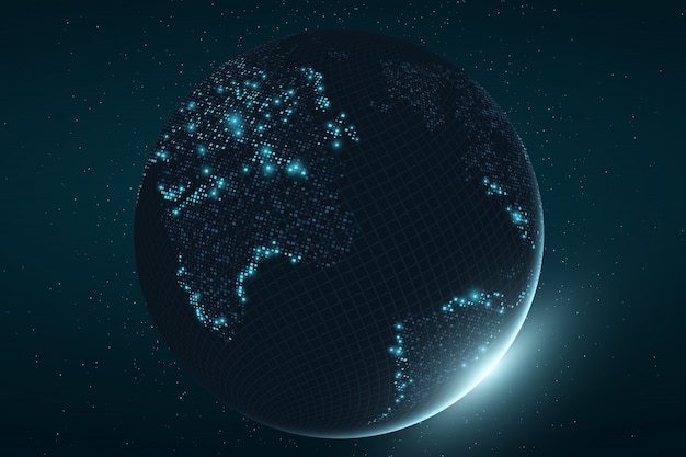 Futurista planeta Terra. Mapa brilhante de pontos quadrados. Conexão de rede global.