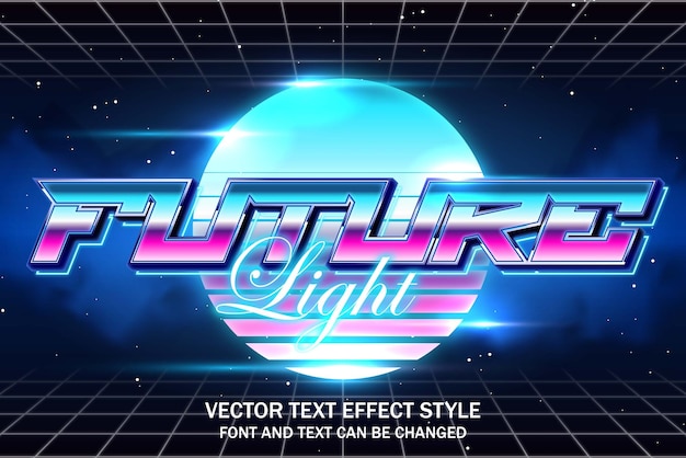 Futuro brilhante luz neon retrô tipografia synthwave design de modelo de estilo de fonte com efeito de texto editável