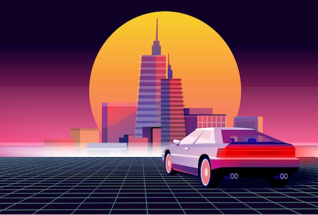 Vetor futuro retro. fundo de ficção científica com supercarro. carro retro futurista.