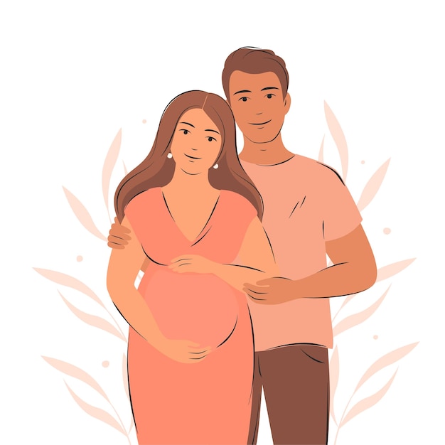 Futuros pais, mulher grávida. Expectativa de criança, família feliz. Conceito de gravidez e amamentação