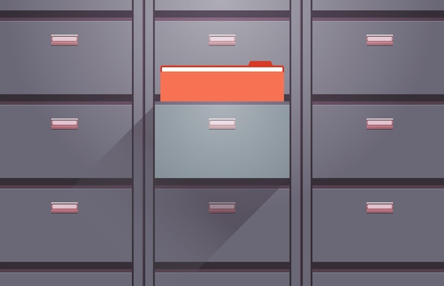 Gabinete de escritório e pastas de armazenamento de arquivos de dados de documentos para o conceito de administração de negócios de arquivos.