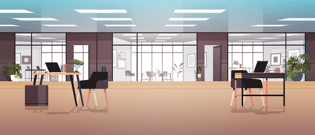 gabinete moderno do local de trabalho criativo vazio sem pessoas escritório interior contemporâneo centro de coworking ilustração vetorial horizontal