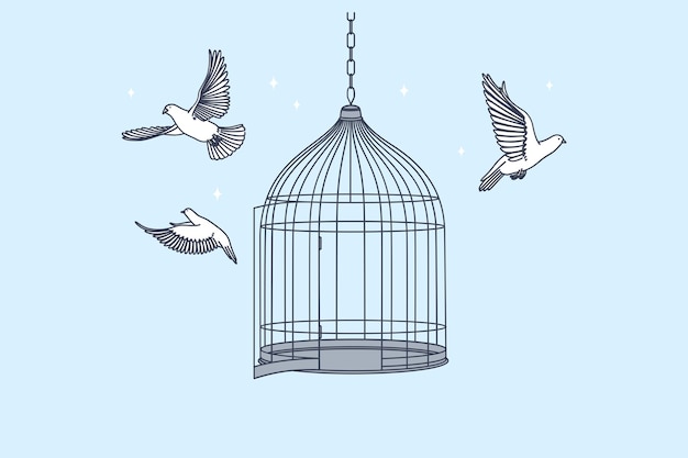 Vetor gaiola aberta com pássaros pombos voando de dentro