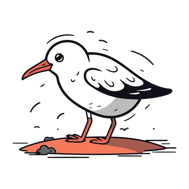 Vetor gaivota na ilustração vetorial da praia em estilo doodle