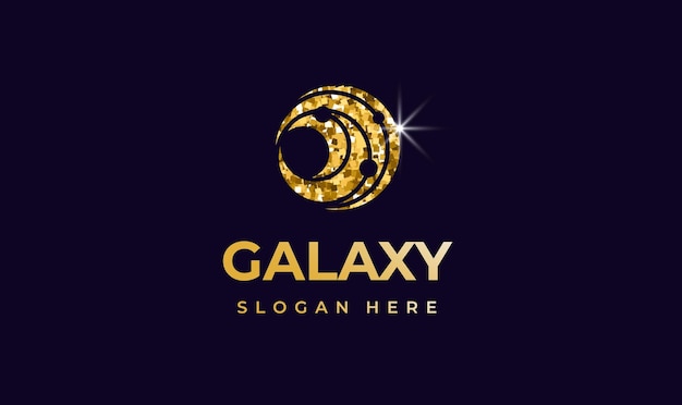 Galaxy glitter dourado logo design de conceito moderno criativo planetas de órbitas premium no ícone redondo para logotipo design de conceito de ti da astrologia de exploração espacial ilustração vetorial