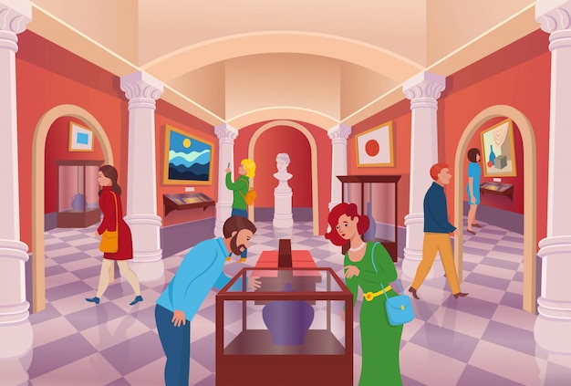 Galeria de arte do museu com o interior dos desenhos animados de vetor de pessoas.
