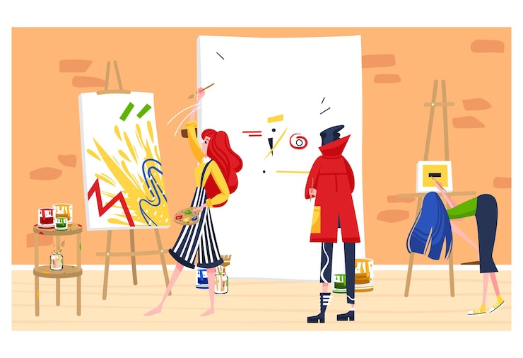 Vetor galeria de belas artes contemporâneas chama a atenção artista desenha oficina de pintura design de exposição plana
