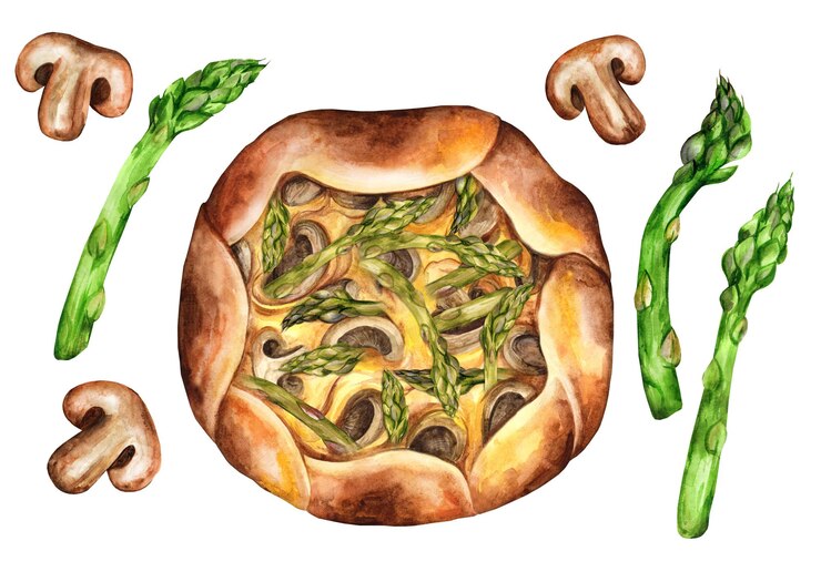 Vetor galette de torta aberta com aquarela de aspargos e cogumelos