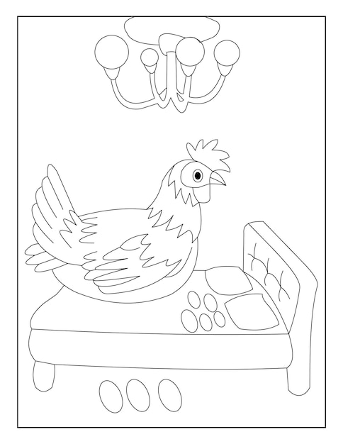 Vetor galinha na cama para colorir com fundo