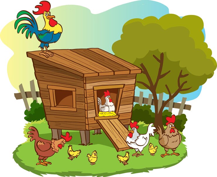 Vetor galinheiro com galinhas bonitinhas, pintinhos e galo no estilo de desenho animado de ilustração vetorial de paisagem de verão