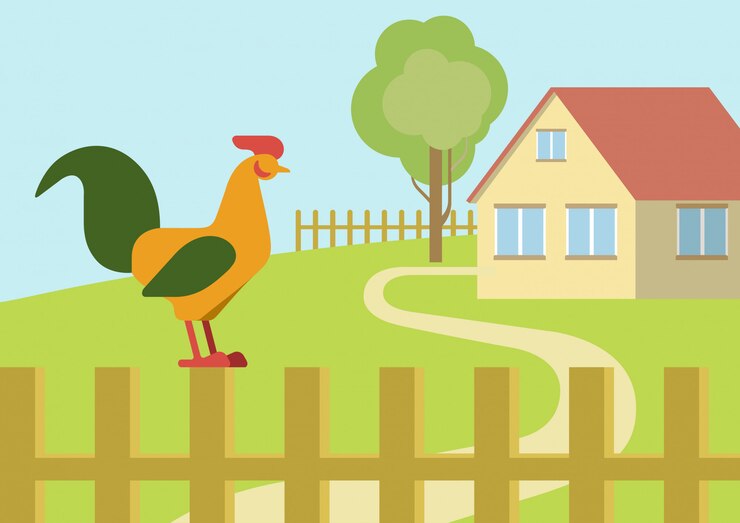 Vetor galo de galo na fazenda cerca design plano animais dos desenhos animados aves.