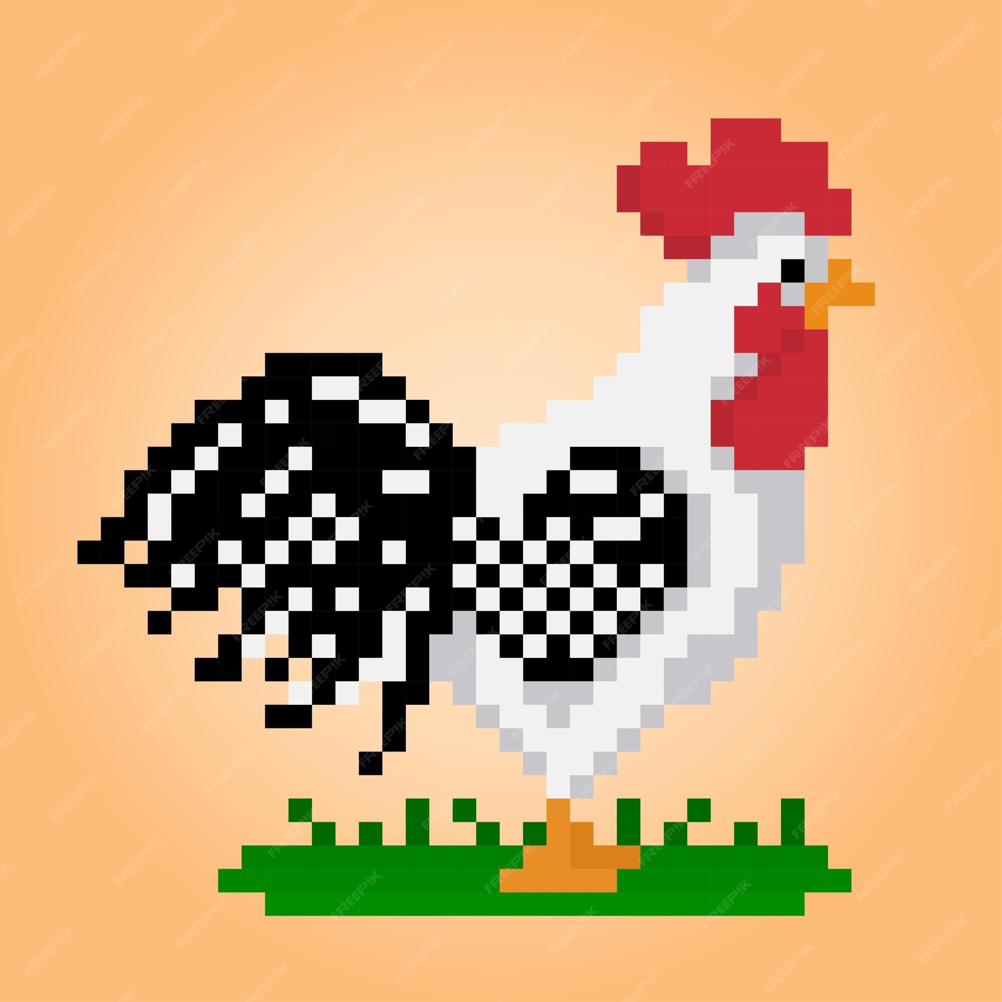 Galo e galinha de pixel de 8 bits. animal para ativos de jogo e