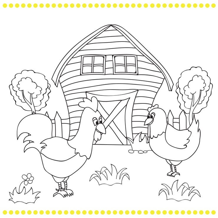 Vetor galo e galinhas no bacgroung da paisagem de uma fazenda rural - livro para colorir