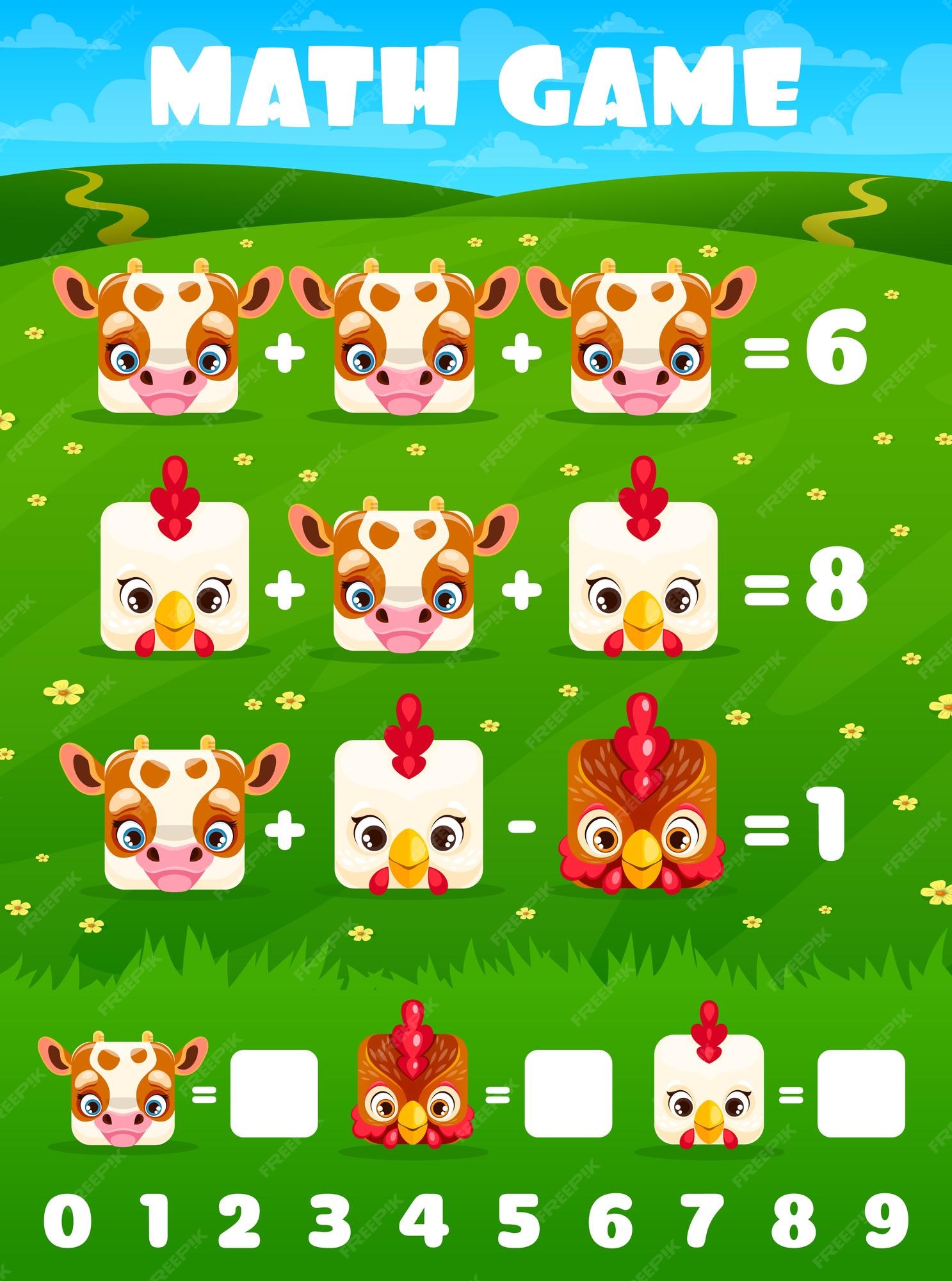 Galo galinha e vaca animal quadrado enfrenta jogo de matemática