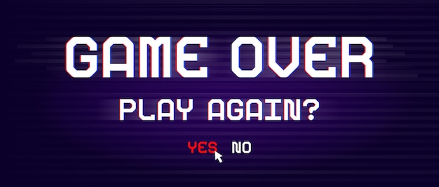 Vetor game over banner para jogos com efeito de falha no estilo pixel.