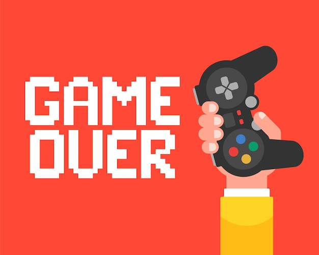 Game over poster com uma mão que segura o joystick