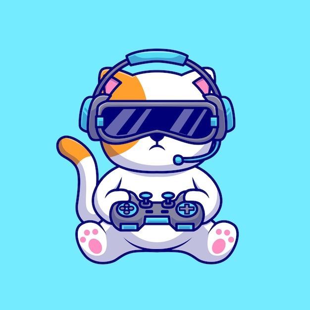 Gamer de gato bonito jogando com joystick e fone de ouvido ilustração de ícone de vetor de desenhos animados. animal