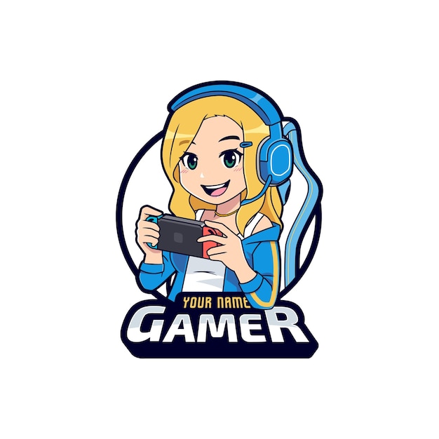 Gamer gamer jogando no desenho animado do logotipo do console móvel