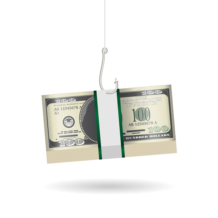 Vetor gancho de pesca phishing pacote de notas de dólar