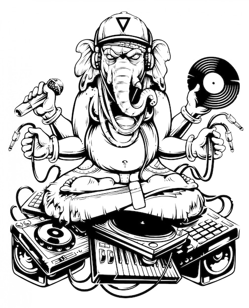 Ganesha dj sentado em coisas musicais eletrônicas