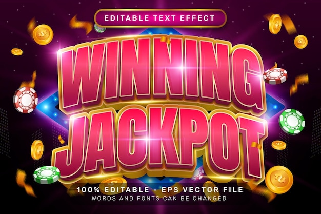 Vetor ganhando efeito de texto jackpot 3d e efeito de texto editável com fundo claro