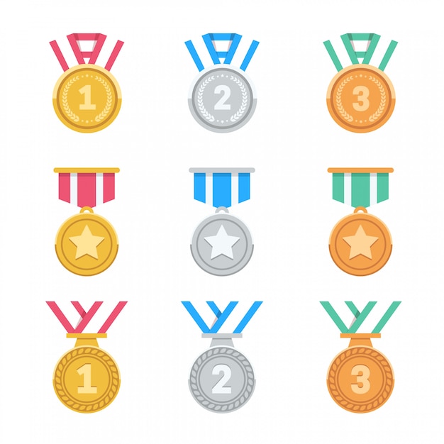 Ganhe medalhas. medalhas de prêmio plana colorida. 1º, 2º e 3º lugares. medalhas de prêmio 3d. ilustração.