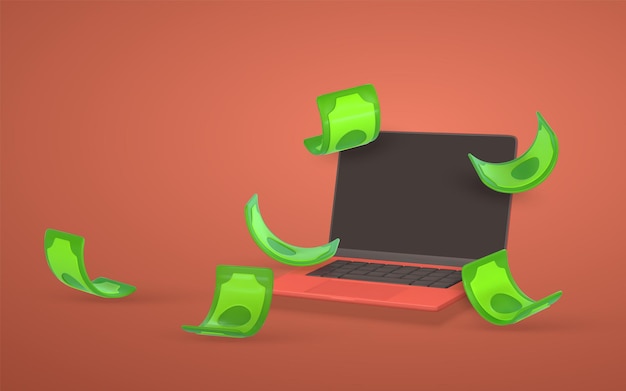 Ganhos on-line 3d laptop realista com pilha de dólar verde voador em ilustração vetorial de estilo cartoon