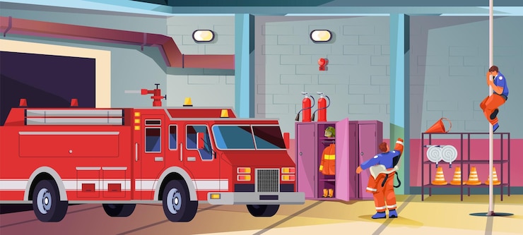 Vetor garagem da estação de bombeiros firehouse interior desenho animado hangar vazio para motor bombeiro brigada do departamento da cidade dentro do prédio bombeiro uniforme vermelho
