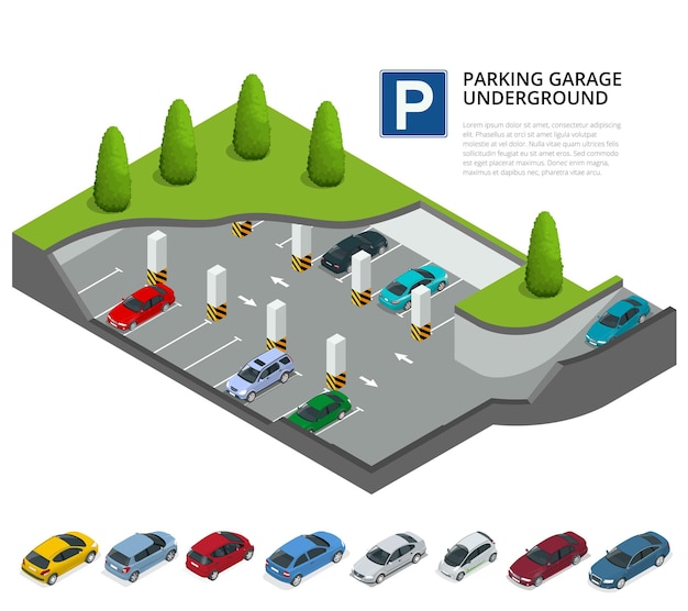 Vetor garagem de estacionamento subterrânea. parque de estacionamento interior. serviço de estacionamento urbano. ilustração em vetor isométrico 3d plana para infográfico.