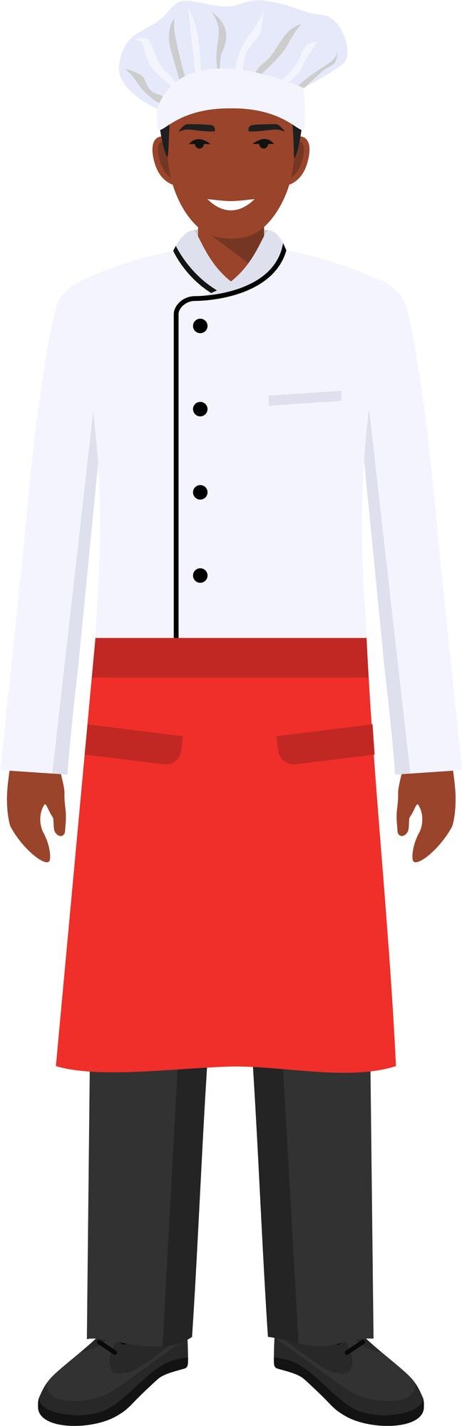 Vetor garçom afro-americano jovem e sorridente em pé com avental de uniforme e chapéu de chef039s