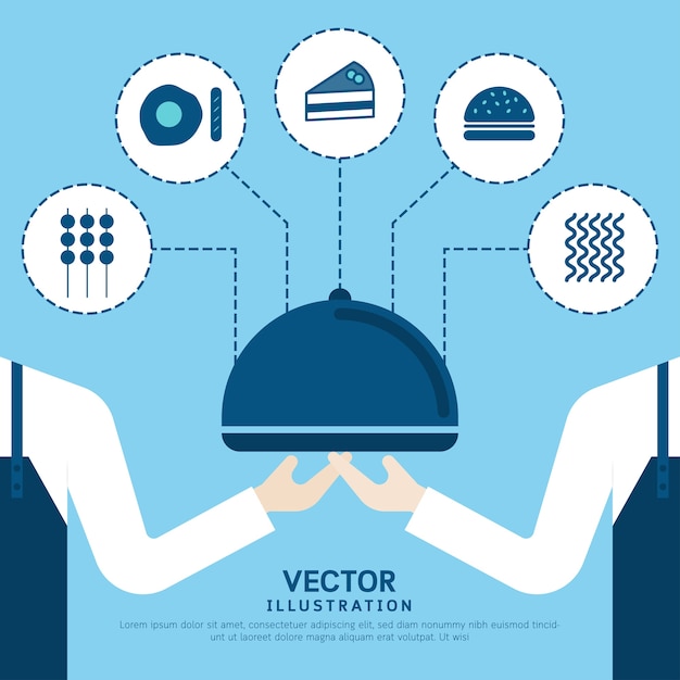 Vetor garçom com bandeja bandeja e comida ícone infográfico modelo.