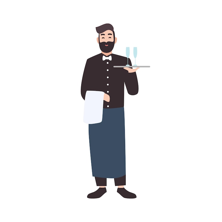Vetor garçom confortável, funcionário do serviço de espera do restaurante ou bandeja de transporte do servidor com bebidas. personagem de desenho animado masculino bonito isolado no fundo branco. ilustração vetorial colorida em estilo simples.