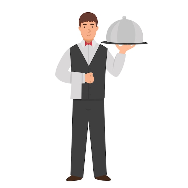 Garçom de desenho animado com bandeja coberta, personagem para crianças. Ilustração em vetor plana.
