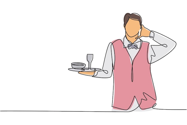 Garçom de desenho contínuo de uma linha com gesto de me ligue trouxe uma bandeja de copos servindo
