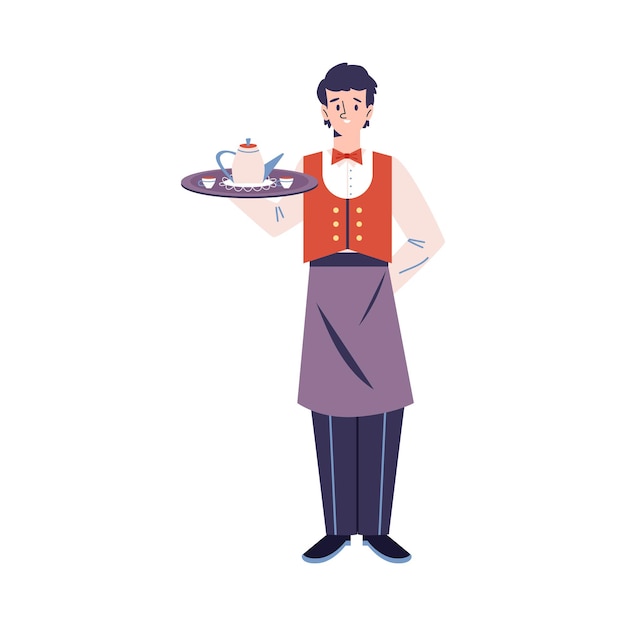 Garçom personagem masculino de uniforme servindo ilustração vetorial plana de comida