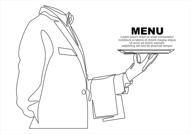Garçom segurando a bandeja de comida desenho de uma linha conceito de trabalhador de restaurante design de comida de menu