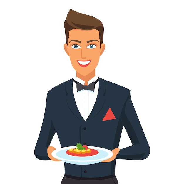 Vetor garçom servindo salada deliciosa sorridente pessoal do restaurante masculino apresentando prato elegantemente vestido