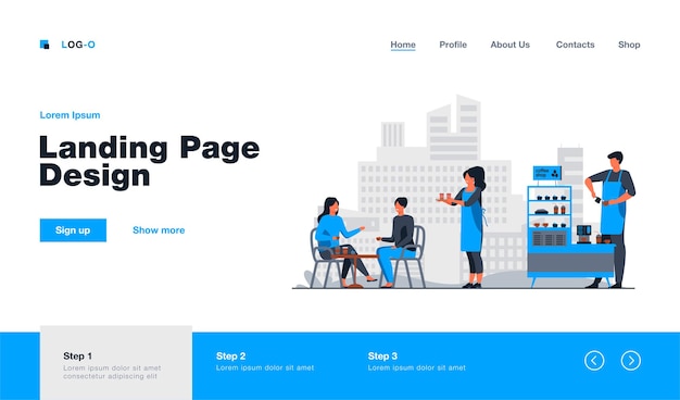 Garçonete levando café para viagem para clientes em modelo de página de destino de café ao ar livre