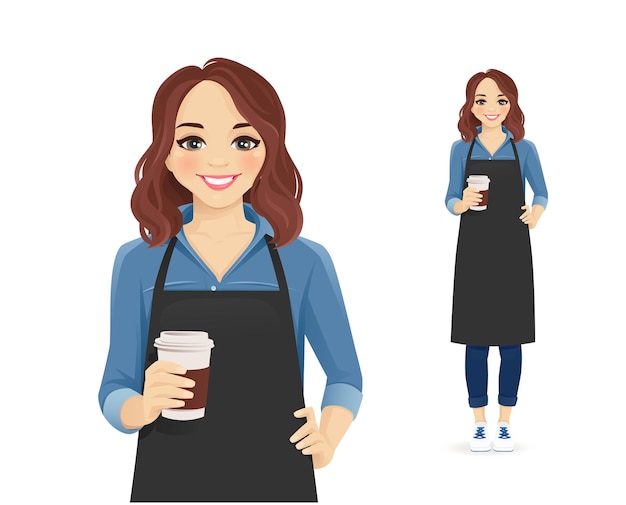 Vetor garçonete ou barista mulher sorridente em avental preto segurando ilustração vetorial isolada de xícara de café