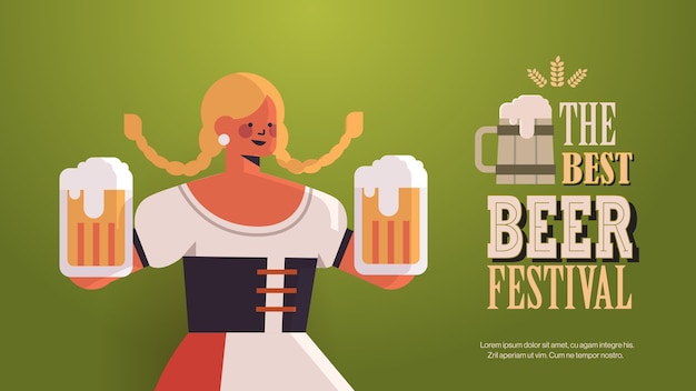 Vetor garçonete segurando canecas de cerveja na festa da oktoberfest