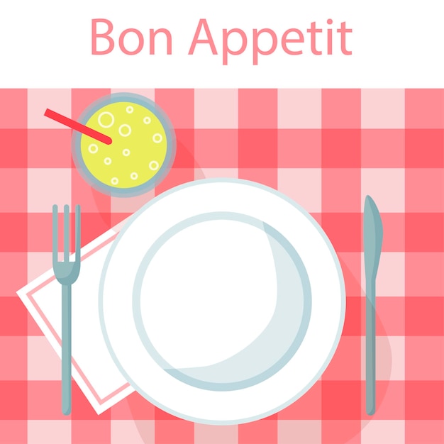 Garfo de prato branco e faca em uma toalha de mesa vermelha Cartaz de restaurante ou banner Verão de piquenique Ilustração em vetor