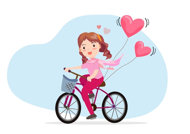 Garota andando de bicicleta com balões de coração rosa vetor de ilustração de desenho animado estilo simples