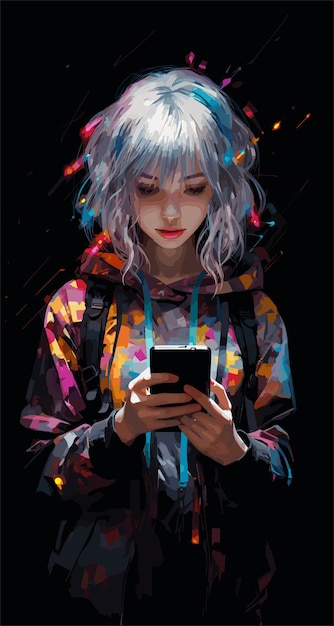 Vetor garota anime olhando para o telefone no escuro ilustração de arte digital néon colorido