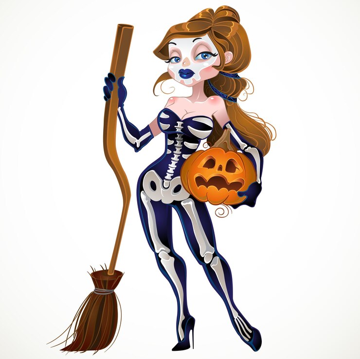 Vetor garota bruxa esqueleto halloween personagem com uma abóbora e vassoura